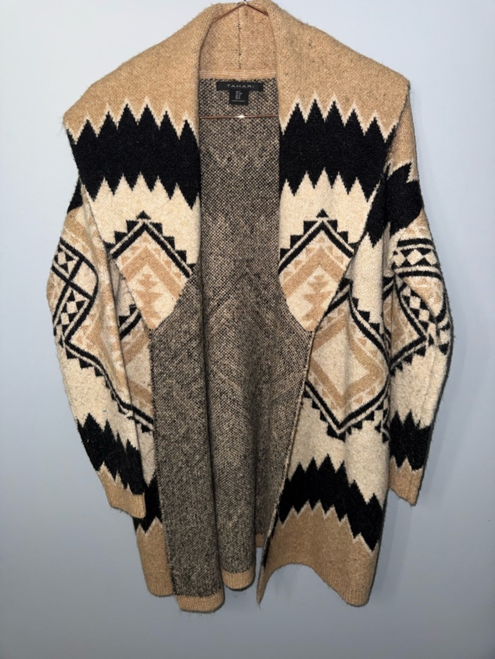 Tahari Beige Black Cream Aztec Open Front Cardigan Sweater